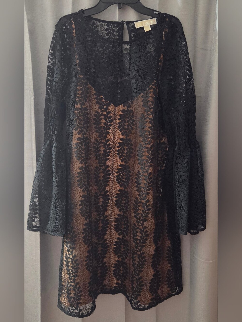Michael Kors Black Lace Long Bell Sleeve Dress Knee Length Tan Slip EUC Large